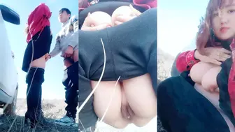 【户外偷情】真实夫妻，全程露脸蓝天白云，脱了裙子漏着奶子让小哥后入草大屁股给狼友看，真实感很强不要错过